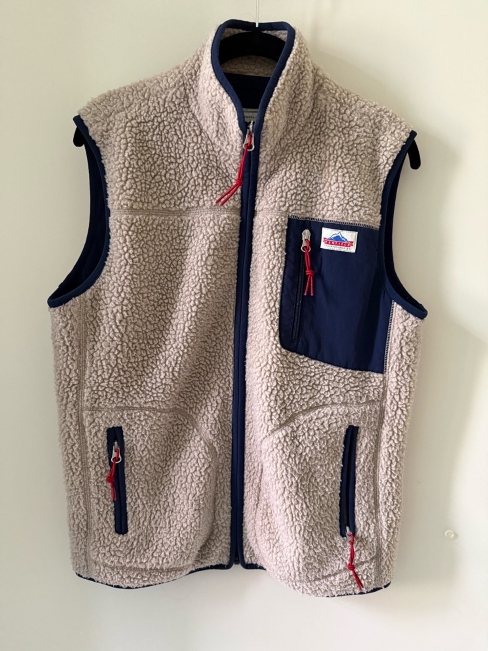 Penfield Beige Sherpa Fleece Vest with Navy Trim